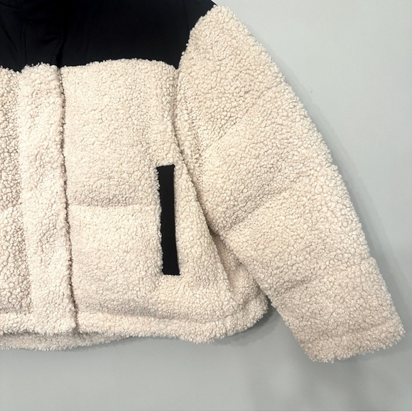 Maje Faux Shearling Padded Quilted Jacket Coat Colorblock Hoodie Sz 1 Oversized - Picture 5 of 16